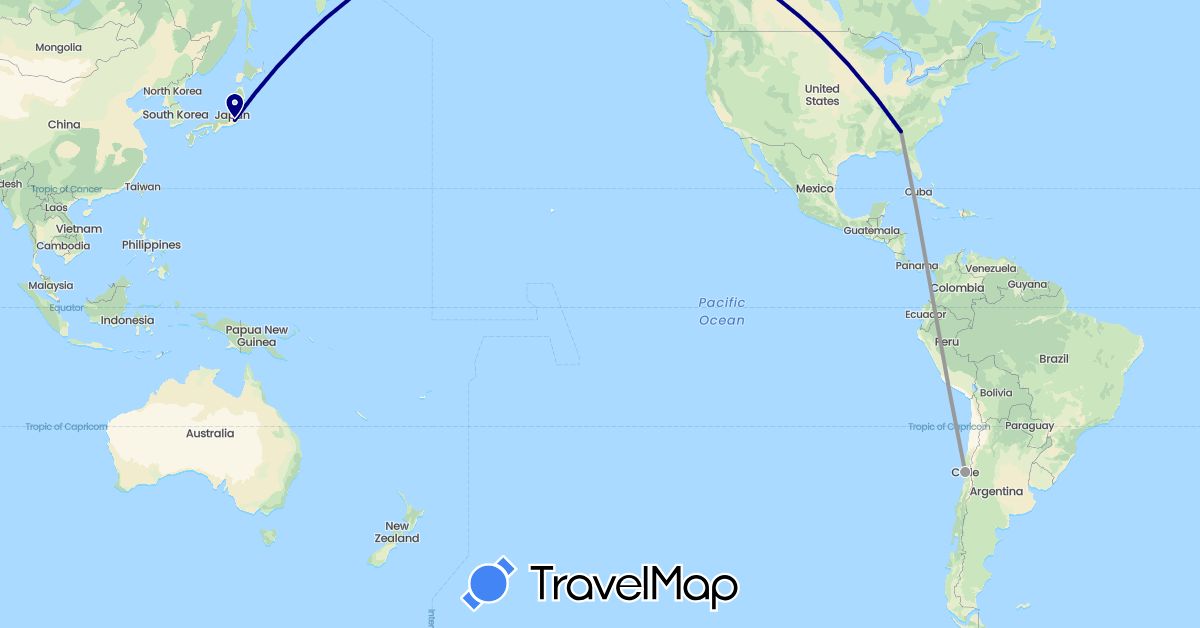 TravelMap itinerary: driving, plane in Chile, Japan, United States (Asia, North America, South America)